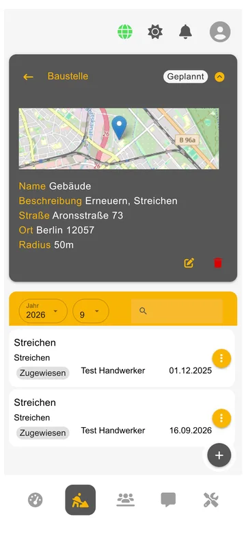 TymSnap-App: Baustelle mit Karte, Umkreis und zugewiesenen Aufgaben