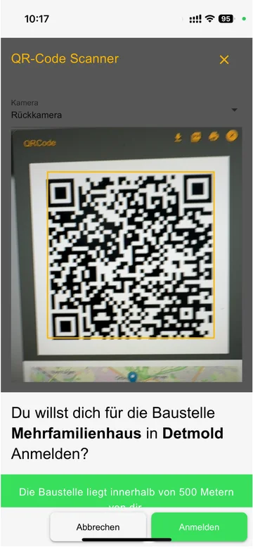 TymSnap-App: QR-Code scannen und für die Baustelle einstempeln, Standort liegt im erlaubten Umkreis