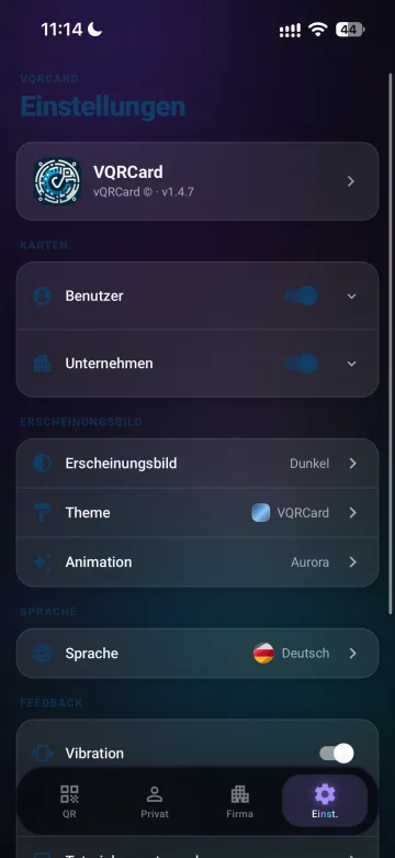 VQRCard-App: Einstellungen für Karten, Erscheinungsbild und Sprache