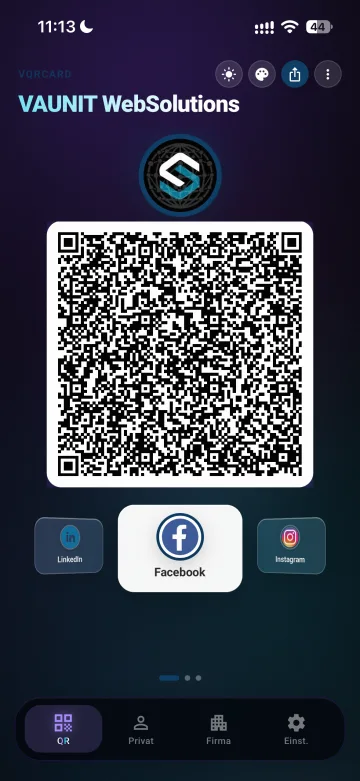 VQRCard-App: persönlicher QR-Code von VAUNIT WebSolutions mit Social-Media-Links